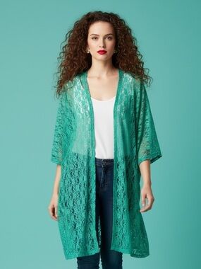 Hot Ginger Long Line Green Lace Kimono Cardigan Size 4X